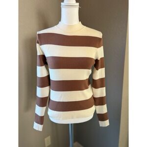 Dazy Women XL Brown Cream Striped Ribbed Mock Neck Long Sleeve Knit Top